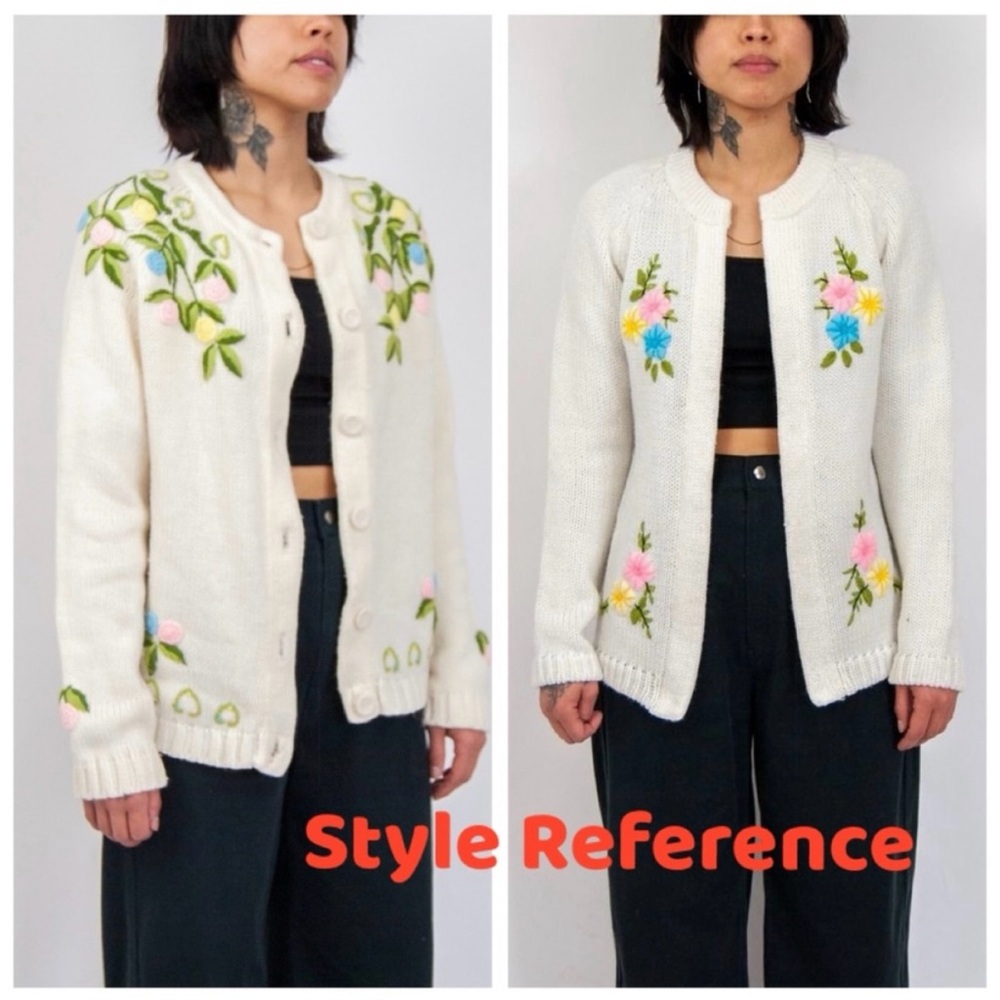 Vintage 1970s Embroidered Floral Knit Grannycore Cardigan Sweater, Button Front - Picture 7 of 17